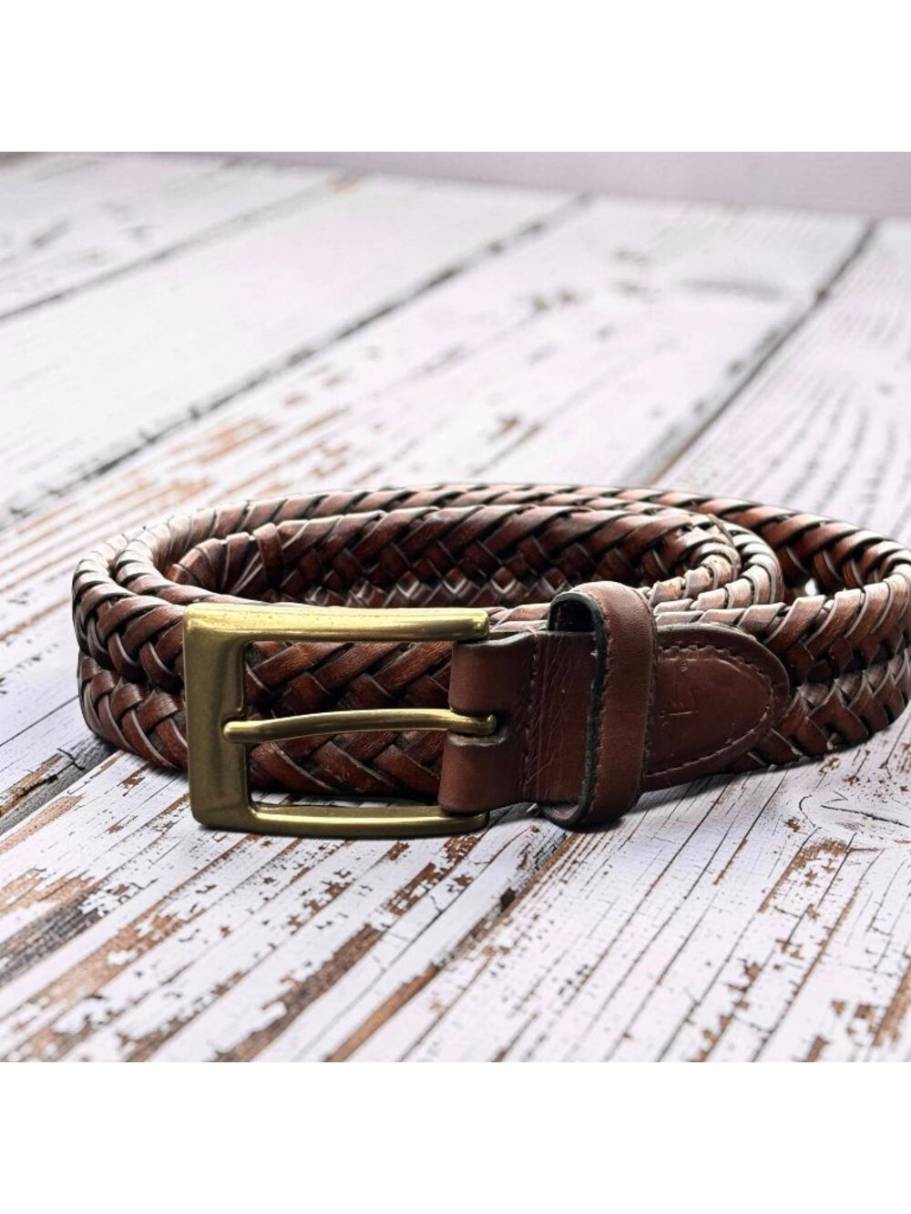 Braided Leather Belt Brown Woven Belt Brass Buckle Classic Preppy Casual Men’s B